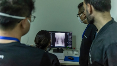 Veterinary team examines an animal's X-ray image displayed on a computer monitor in a clinical setting.