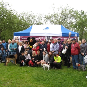 Community group gathers with dogs in front of an Animals Asia event tent at a park.