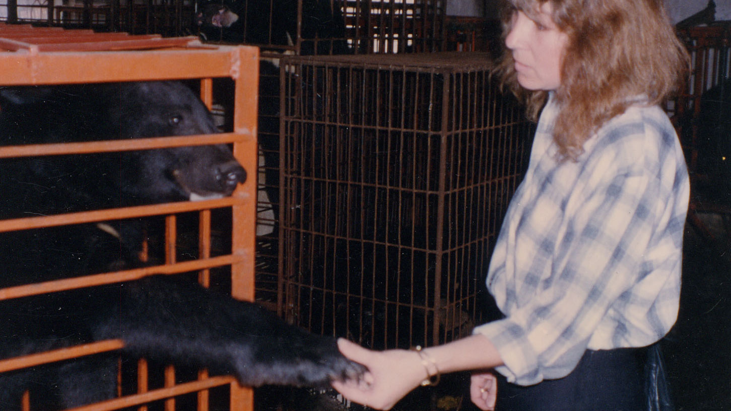 A dark room, a bear in a cage and a young white woman looking at the bear, the bear and the woman are holding hands. They both look sad.