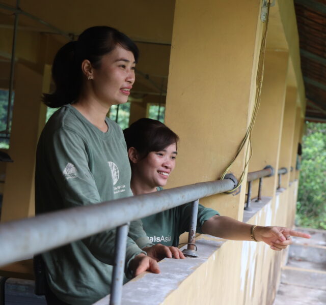 Animals Asia staff observing and pointing from a balcony at the sanctuary, overlooking green vegetation.