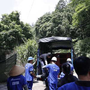 People in blue scrubs at the back of a small truck holding a red cage with a rescued bear inside. Lush green trees in the background