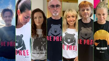 Collage of 7 men and women facing the camera wearing tshirts saying Be Free with a bear logo
