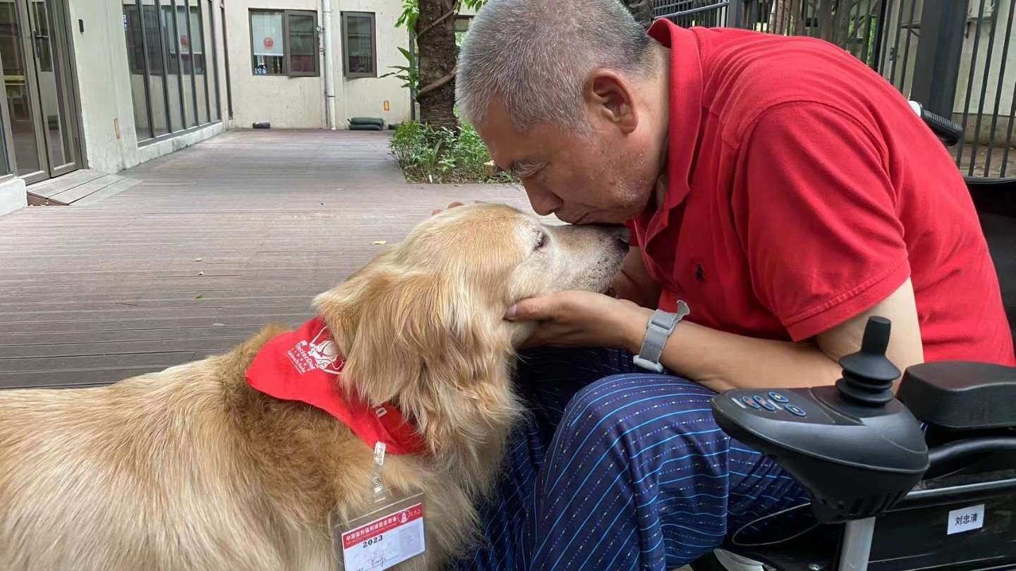 An elderly man in a wheelchair leans over to kiss the forehead of a golden retriever dog.