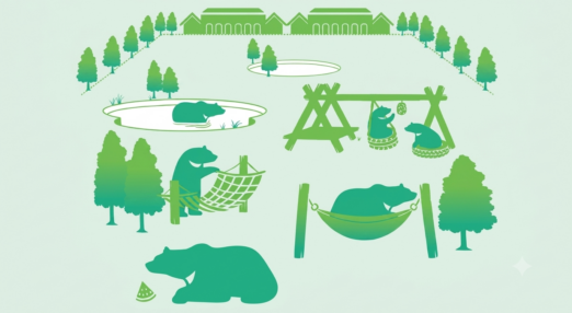 Illustration of rescued bears enjoying sanctuary care.